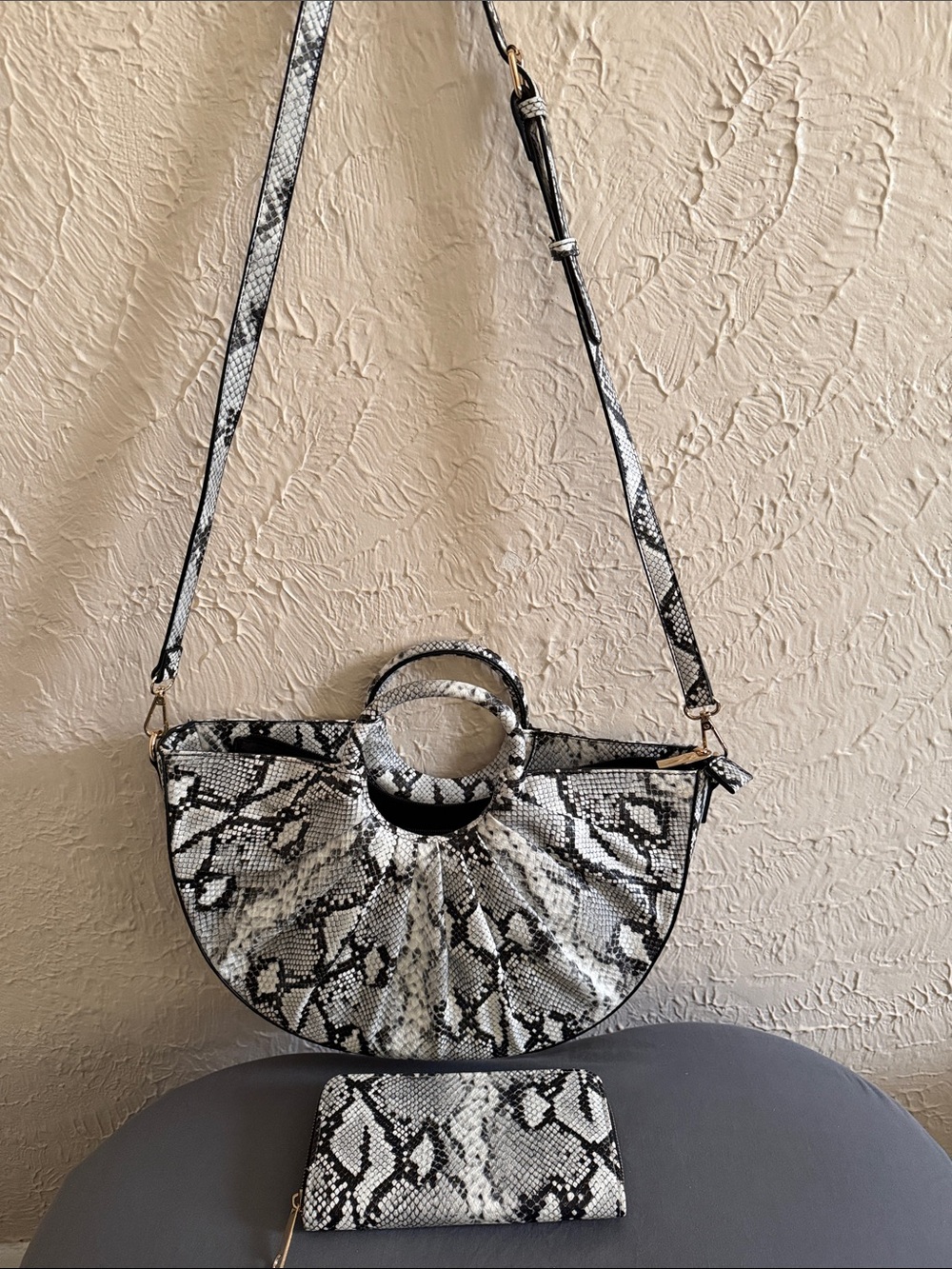 Snake-Print Semi-Circle Crossbody Bag with Wallet - Black & White